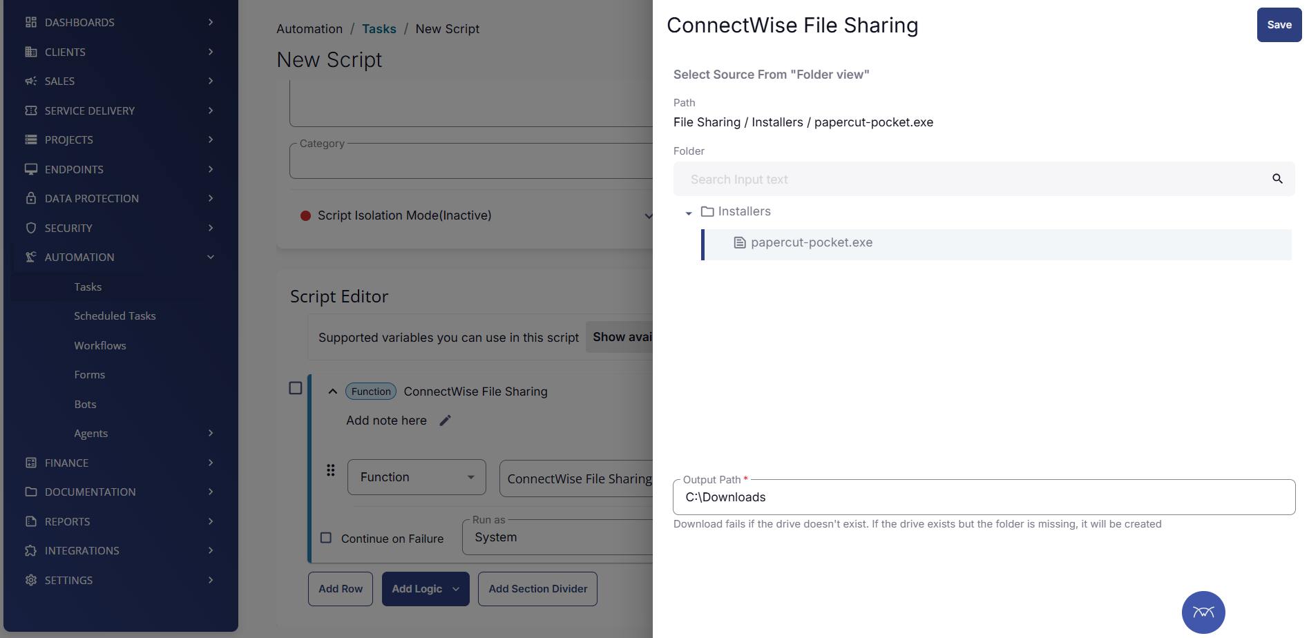 Selecting the PaperCut Pocket/Hive installer from the File Share folder in ConnectWise